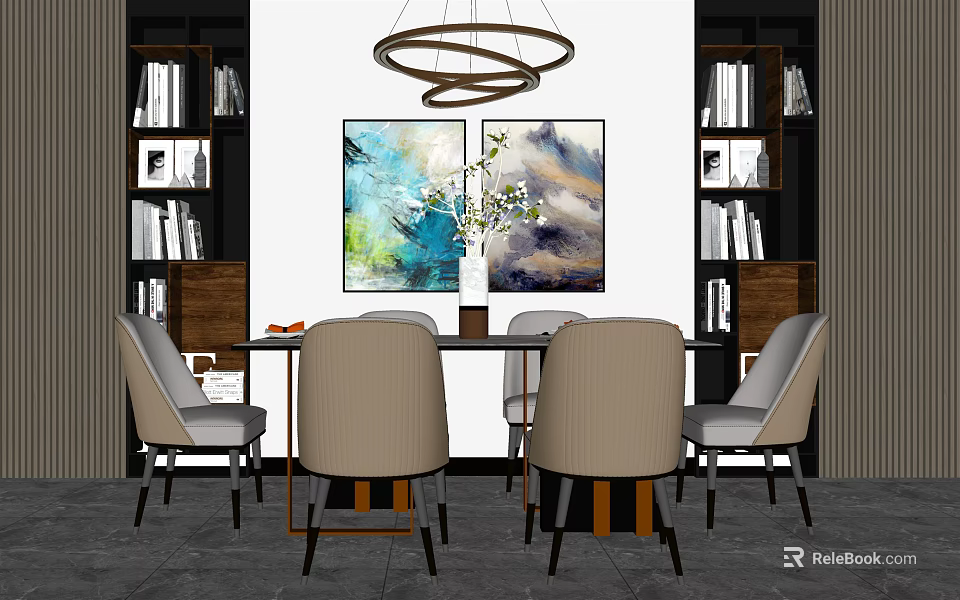 Modern Dining Table Set With Beige Chairs Bookshelves Abstract Paintings And Chandelier 3d model 