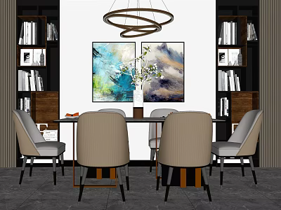 Modern Dining Table Set With Beige Chairs Bookshelves Abstract Paintings And Chandelier 3d model