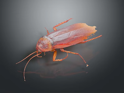Brown Cockroach with Long Antennae and Wings on Dark Surface with Reflection 3d model