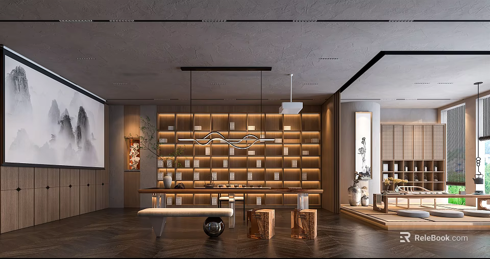 Traditional Teahouse Interior Design With Wooden Shelves Hanging Lights And Tea Sets 3d model 