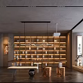 Traditional Teahouse Interior Design With Wooden Shelves Hanging Lights And Tea Sets