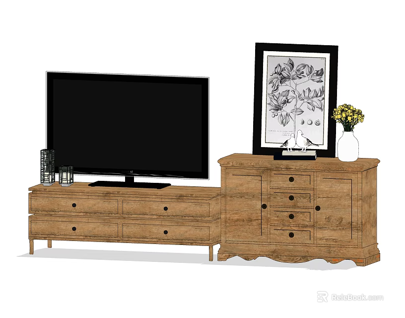 Rustic Wooden TV Stand with Flat Screen TV Framed Artwork Vase and Storage Drawers 3d model 