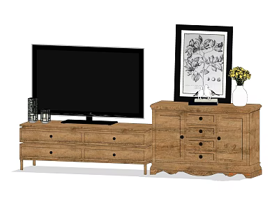 Rustic Wooden TV Stand with Flat Screen TV Framed Artwork Vase and Storage Drawers 3d model