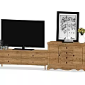 Rustic Wooden TV Stand with Flat Screen TV Framed Artwork Vase and Storage Drawers