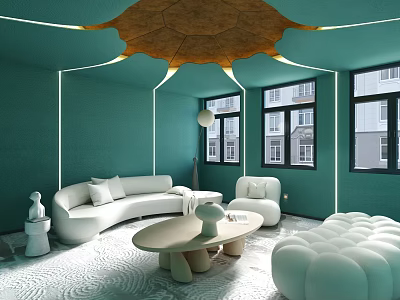 Hotel Public Lounge Area With Teal Walls White Sofas Round Coffee Tables Unique Ceiling Design 3d model