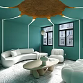 Hotel Public Lounge Area With Teal Walls White Sofas Round Coffee Tables Unique Ceiling Design