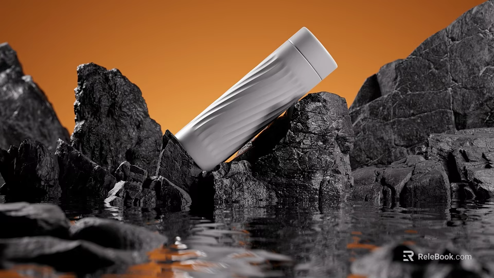 White Vacuum Flask Leaning On Black Rocks With Orange Background And Water Reflection 3d model 