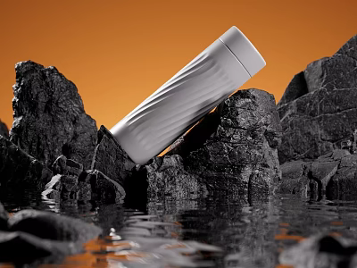 White Vacuum Flask Leaning On Black Rocks With Orange Background And Water Reflection 3d model