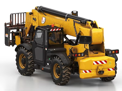 Yellow Industrial Functional Vehicle With Large Tires Extendable Boom And Warning Stripes 3d model