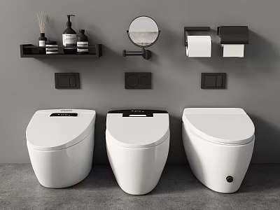 Modern White Toilets in Bathroom with Grey Wall Shelves Toiletries and Mirror 3d model
