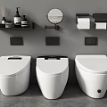Modern White Toilets in Bathroom with Grey Wall Shelves Toiletries and Mirror