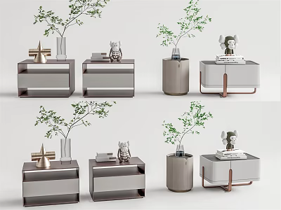 Modern Stylish Bedside Tables With Potted Plants Decorative Figurines And Storage Drawers 3d model