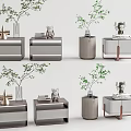 Modern Stylish Bedside Tables With Potted Plants Decorative Figurines And Storage Drawers