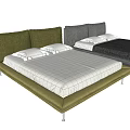 Modern Green Upholstered Double Bed With Golden Legs White Checkered Mattress And Pillows