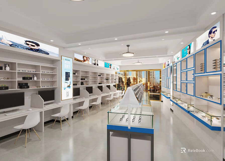 Bright Modern Optical Store Interior With Glass Display Cases White Shelves And Brand Logos 3d model 