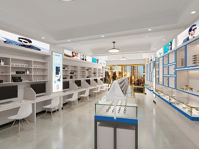 Bright Modern Optical Store Interior With Glass Display Cases White Shelves And Brand Logos 3d model