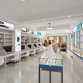 Bright Modern Optical Store Interior With Glass Display Cases White Shelves And Brand Logos