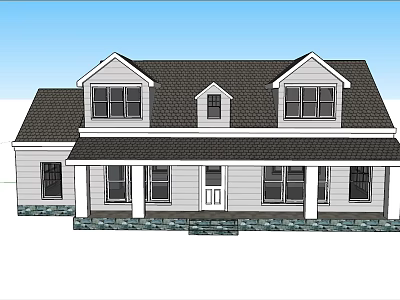 Classic House Exterior With White Walls Dark Roof Windows And Stone Porch Trim 3d model