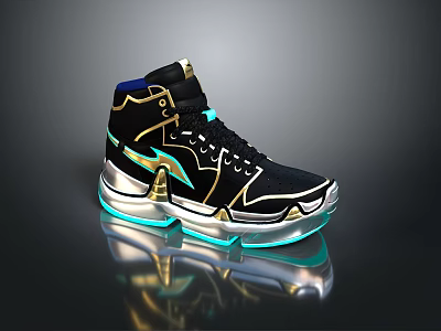 Stylish Modern High Top Sneakers With Black Gold Accents Blue Details Transparent Sole 3d model