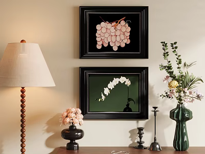 Pink Grapes And White Orchid Abstract Paintings With Table Lamp Vase And Flowers On Wall 3d model