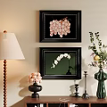 Pink Grapes And White Orchid Abstract Paintings With Table Lamp Vase And Flowers On Wall