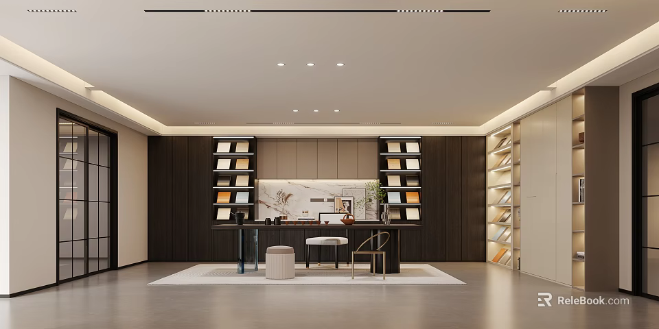 Modern Home Office Interior With Dark Wooden Shelves Worktable And Lighting 3d model 