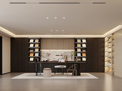 Modern Home Office Interior With Dark Wooden Shelves Worktable And Lighting 3d model