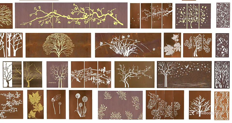 Decorative Feature Wall With Natural Patterns Tree Branch Flower Leaf Bird Motifs 3d model