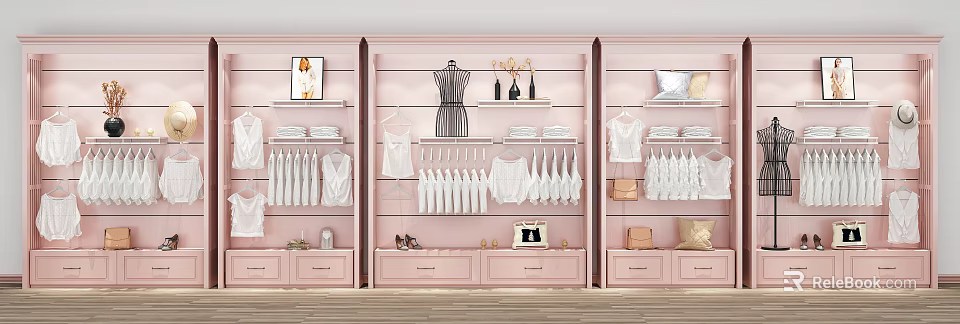Pink Retail Display Shelves With Clothes Dresses Handbags Shoes And Dress Form 3d model 