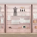 Pink Retail Display Shelves With Clothes Dresses Handbags Shoes And Dress Form