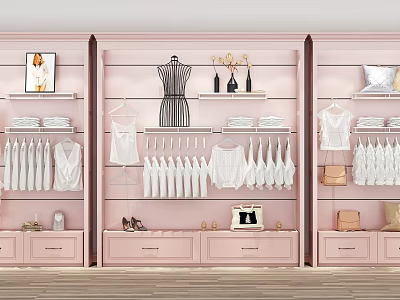 Pink Retail Display Shelves With Clothes Dresses Handbags Shoes And Dress Form 3d model