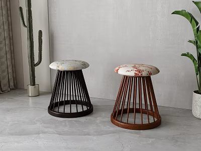 Two Modern Wooden Stools With Patterned Seats And Slatted Legs For Indoor Decor 3d model