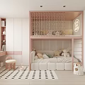 Pink And White Kids Room With Bunk Bed Sofa Bed Desk And Checkered Rug