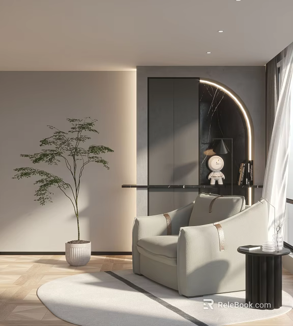 Light Colored Single Sofa In Modern Interior With Potted Plant And Side Table 3d model