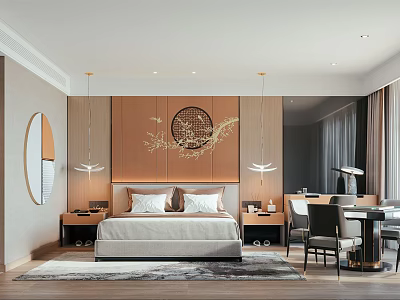 Modern Hotel Room Interior With Wooden Headboard Circular Decor Golden Lines Table Lamps Nightstands And Desk 3d model