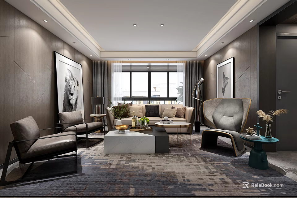 Modern Luxury Style Living Room Interior Design With Cozy Furniture And Elegant Artistic Decorations 3d model 