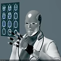 Intelligent Robot in White Coat With Stethoscope Analyzing Brain Scan 3d model