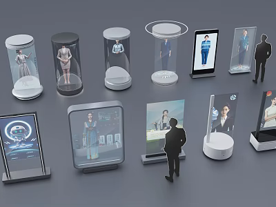 DP Device Display Systems Featuring Cylindrical Square Screens and Humanoid Models for Product Exhibition 3d model