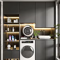 Modern Home Balcony With Gray Cabinets Washing Machine Dryer Sink Green Plants And Windows