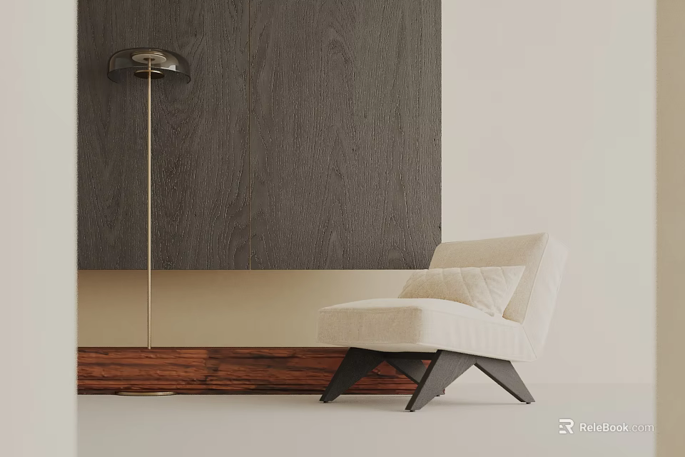 Modern Beige Leisure Chair With Cushions Black Legs And Dark Wooden Wall Floor Lamp Interior 3d model 