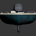 Small Recreational Motorboat With Outboard Motor White Hull Blue Trim And Green Deck Mat