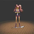 Game And Movie Character Featuring Pink Twin Tails Black Red Uniform Standing On Wooden Floor