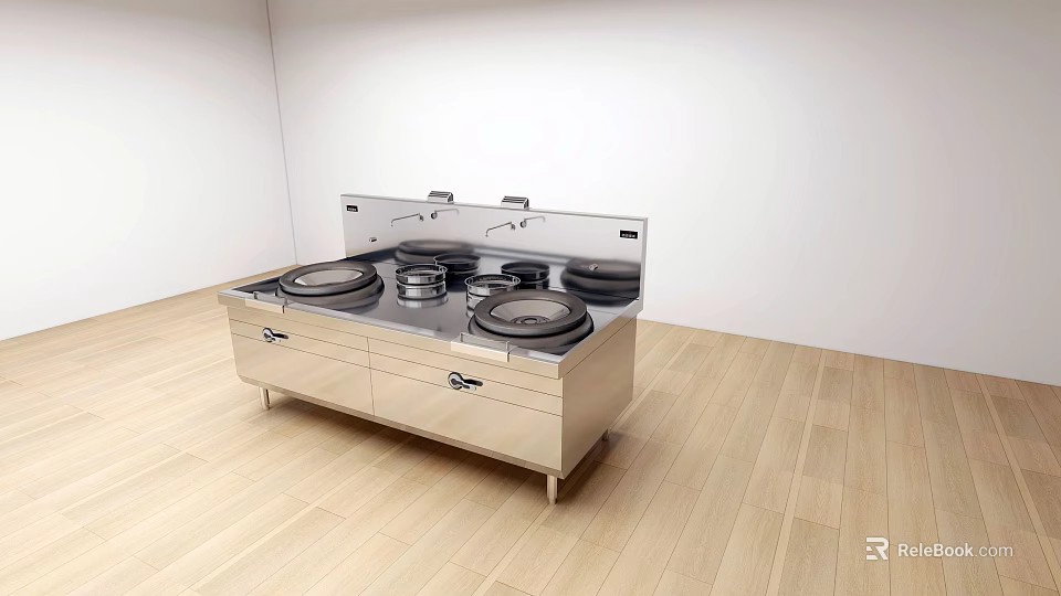Modern Stainless Steel Kitchen Stove With Multiple Burners And Drawers On Wooden Floor 3d model 