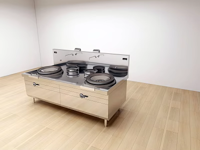 Modern Stainless Steel Kitchen Stove With Multiple Burners And Drawers On Wooden Floor 3d model