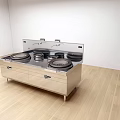 Modern Stainless Steel Kitchen Stove With Multiple Burners And Drawers On Wooden Floor