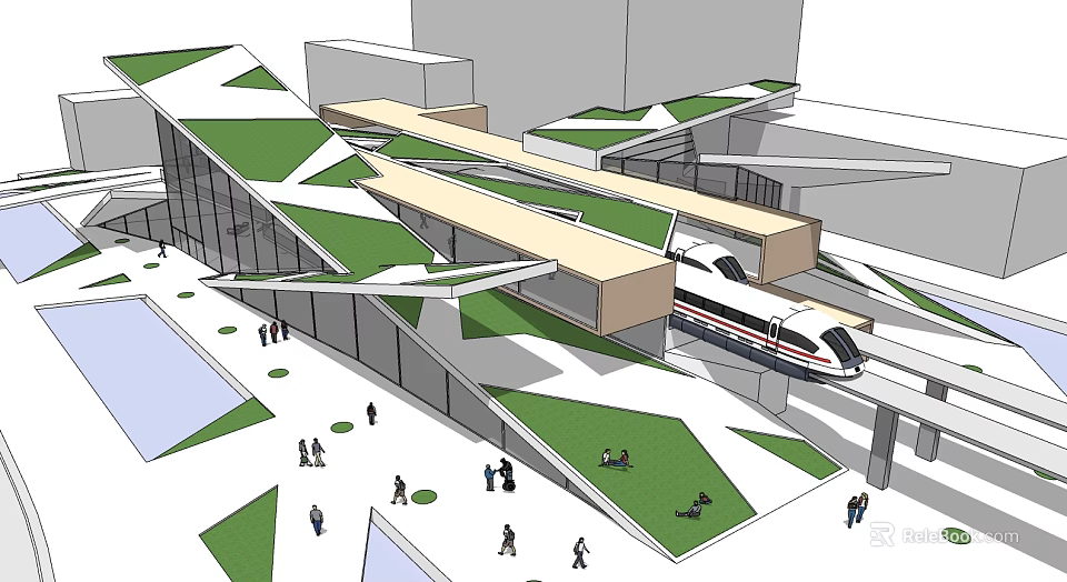 Modern Station Architecture With Green Roof High-Speed Train And Pedestrian Zones 3d model 