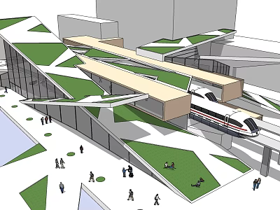 Modern Station Architecture With Green Roof High-Speed Train And Pedestrian Zones 3d model