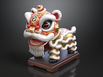 Red Gold White Lion Dance Decorative Ornament Set With Exquisite Details And Wooden Base 3d model