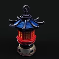 Traditional Chinese Style Chandelier With Blue Pagoda Roof Red Lattice Body And Silver Base