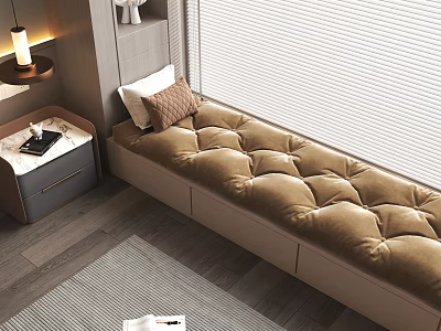 Cozy Window Seat With Brown Tufted Cushion Side Table And Wooden Floor 3d model